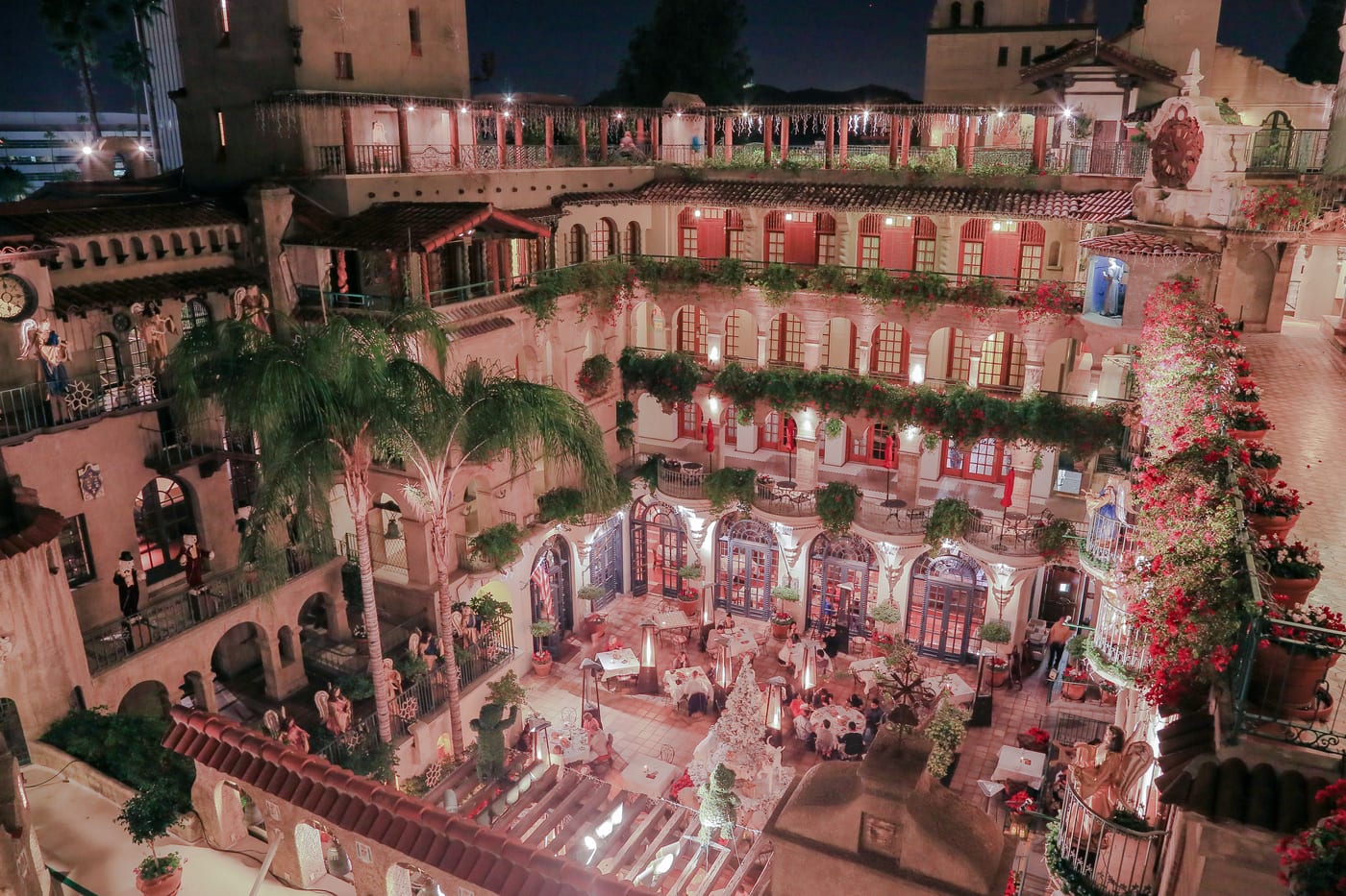 Mission Inn Hotel & Spa illuminated at night in Riverside, California