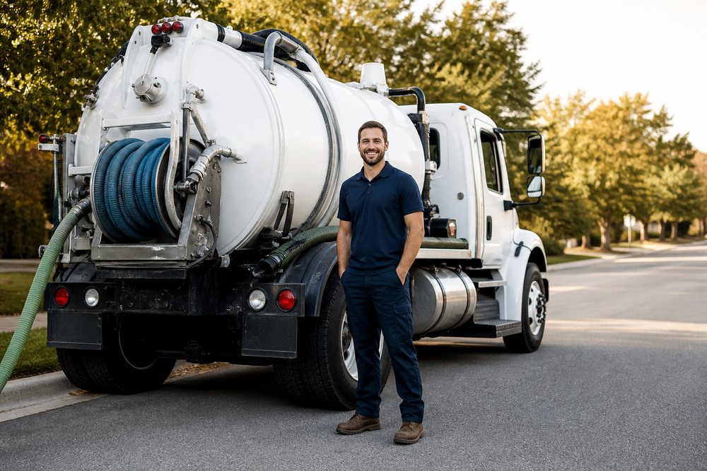 Licensed local septic technician beside a vacuum truck parked curbside